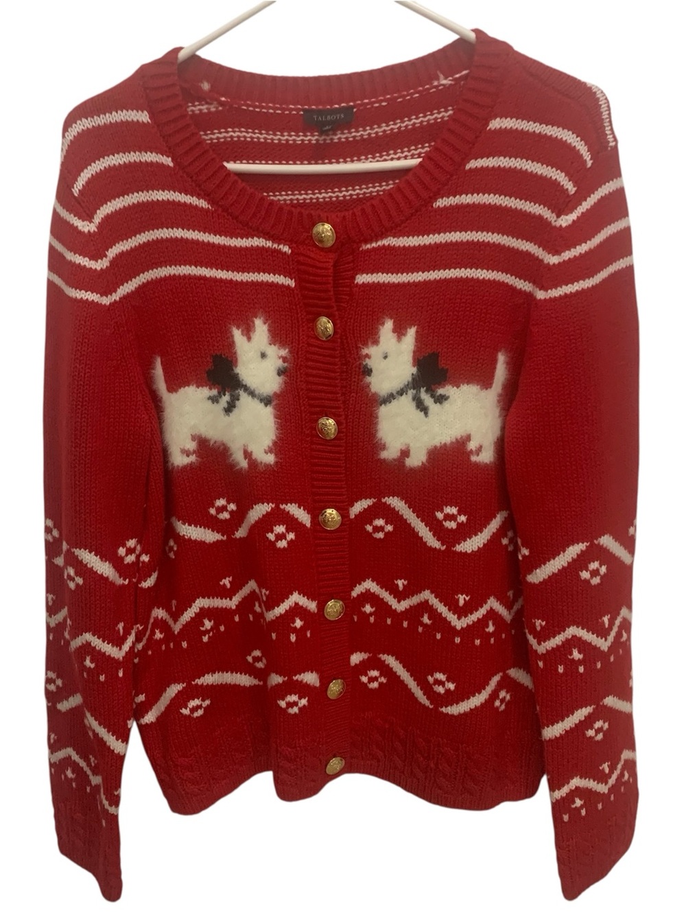 Talbots Red Scotty Dog Button Front Cardigan with Gold Buttons Fair Isle Sz Lg